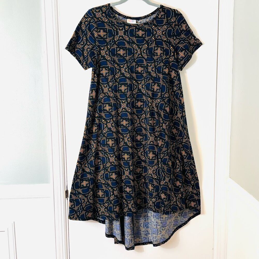 LuLaRoe S Carly Swing Dress Navy & Gold Geometric Print with Breast Pocket